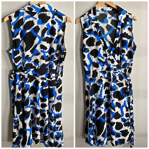 Calvin Klein Blue Black Abstract Animal Print Faux Wrap Dress Size 16 - Picture 1 of 8